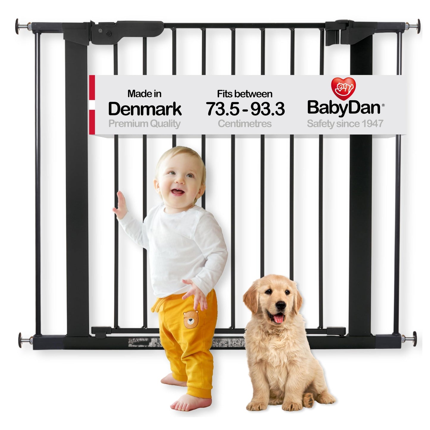 BabyDan Premier, Pressure Fit Stair Gate, 73.5-93.3 cm, Baby Gate/Safety Gate, Metal, Black, Made in Denmark - (Pet Gate/Dog gate)