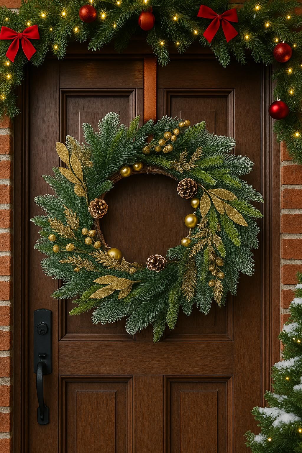 NeoL'artes 26inch Gold Wreath for Porch Front Door Mantle and Fireplace Wrapped Grapevine with Ornaments Snow Pinecones Winter Season Home Decor