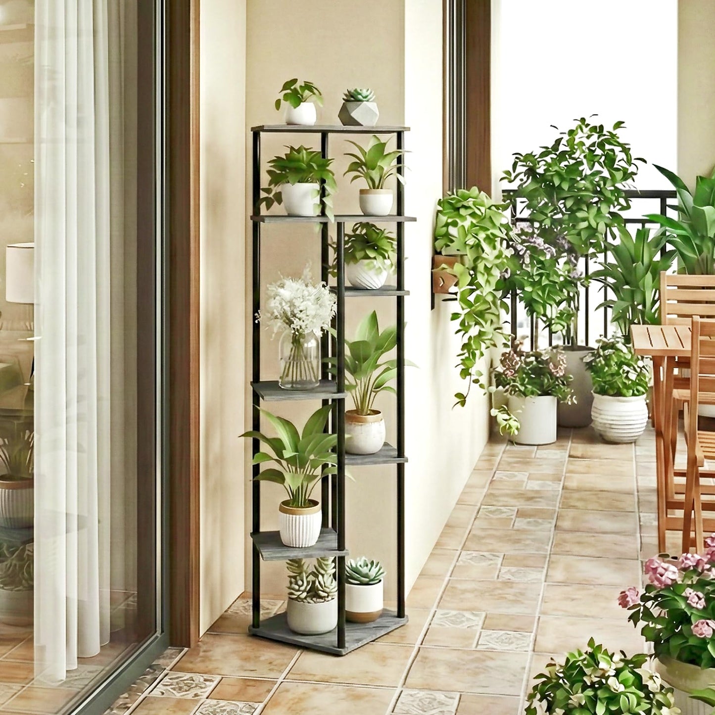 JEPRECO Tall Plant Stand Indoor 7-Tier Metal Wood Plant Shelf for Multiple Flower Pots Corner Flower Holders for Living Room Balcony Bedroom, Oak Grey