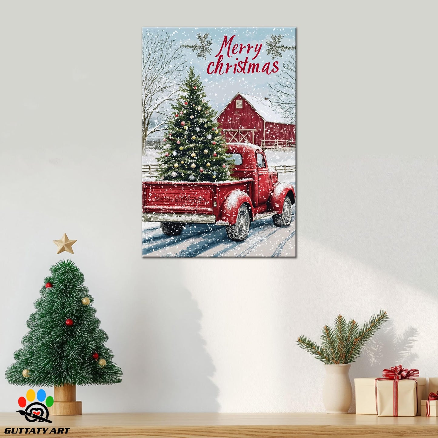 GUTTATY Christmas Canvas Wall Art, Christmas Tree Truck Wall Decor, Merry Christmas Sign Xmas Artworks, Barn House Wall Pictures, Winter Snow Scene Christmas Posters for Living Room 18x24 Inch