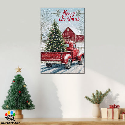GUTTATY Christmas Canvas Wall Art, Christmas Tree Truck Wall Decor, Merry Christmas Sign Xmas Artworks, Barn House Wall Pictures, Winter Snow Scene Christmas Posters for Living Room 18x24 Inch