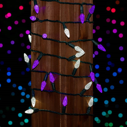 Novelty Lights 24FT 70 LED C6 Commercial Grade LED String Lights, Tree Decorations. Outdoor & Indoor usage, Permanent Christmas Lights. Pure White & Purple