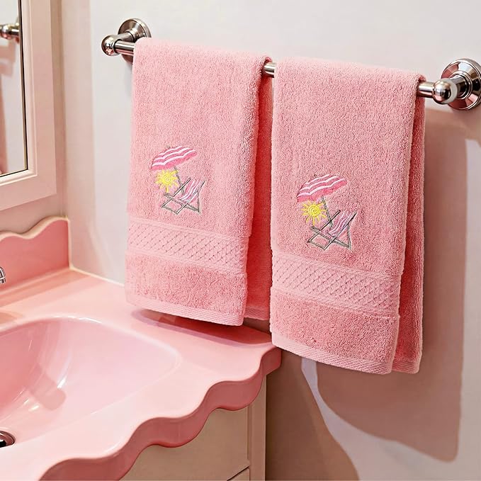 2 Pcs Beach Chair Hand Towels Pink Bathroom Decor 14x29 Inch Embroidered 100%