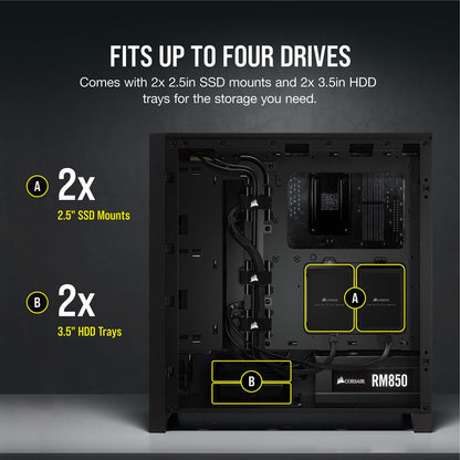 Corsair 4000D AIRFLOW Tempered Glass Mid-Tower ATX Case - High-Airflow - Cable Management System - Spacious Interior - Two Included 120 mm Fans - Black