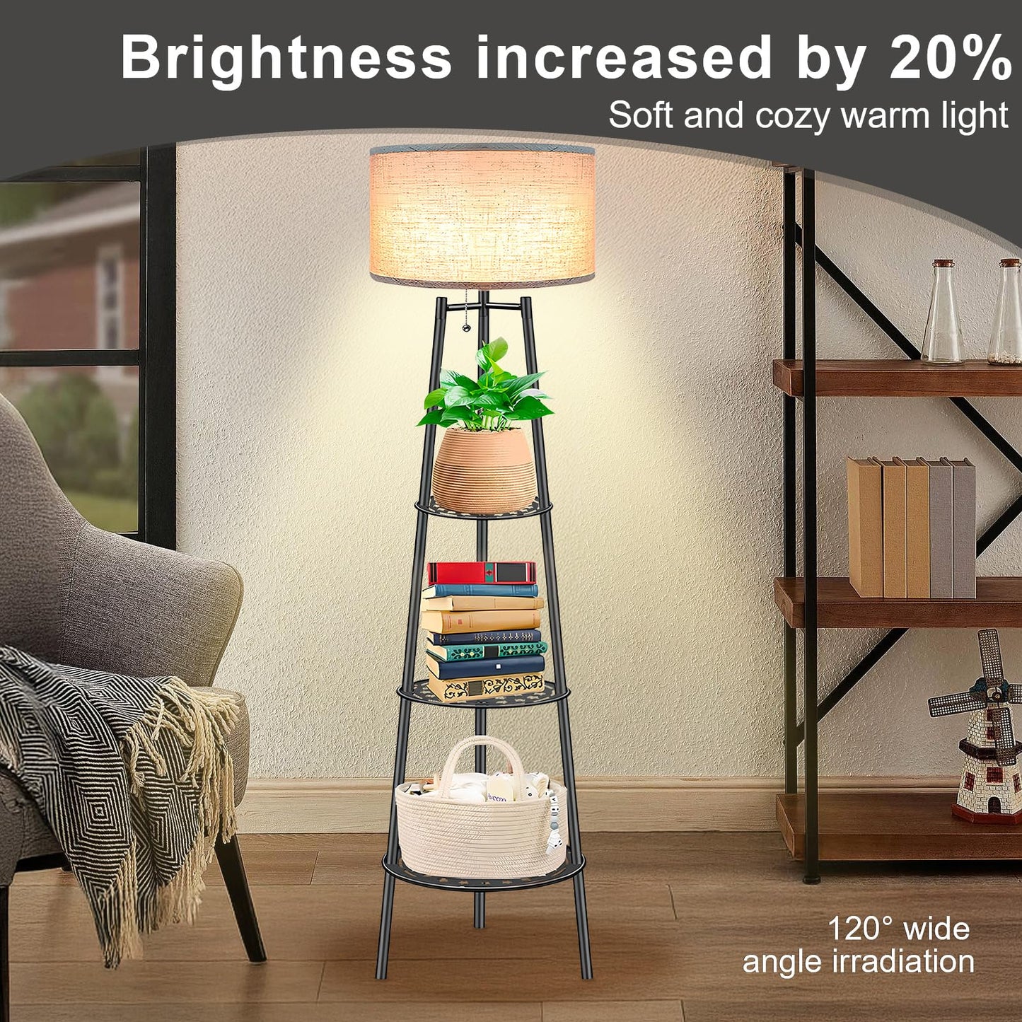 ZQQLITE Floor Lamp with Shelves for Living Room， Standing Lamp，Tall Lamp， Amparas Elegantes para Sala with Linen Shade，Modern Floor Lamp for Living Room，Bedroom or Office（Black ）