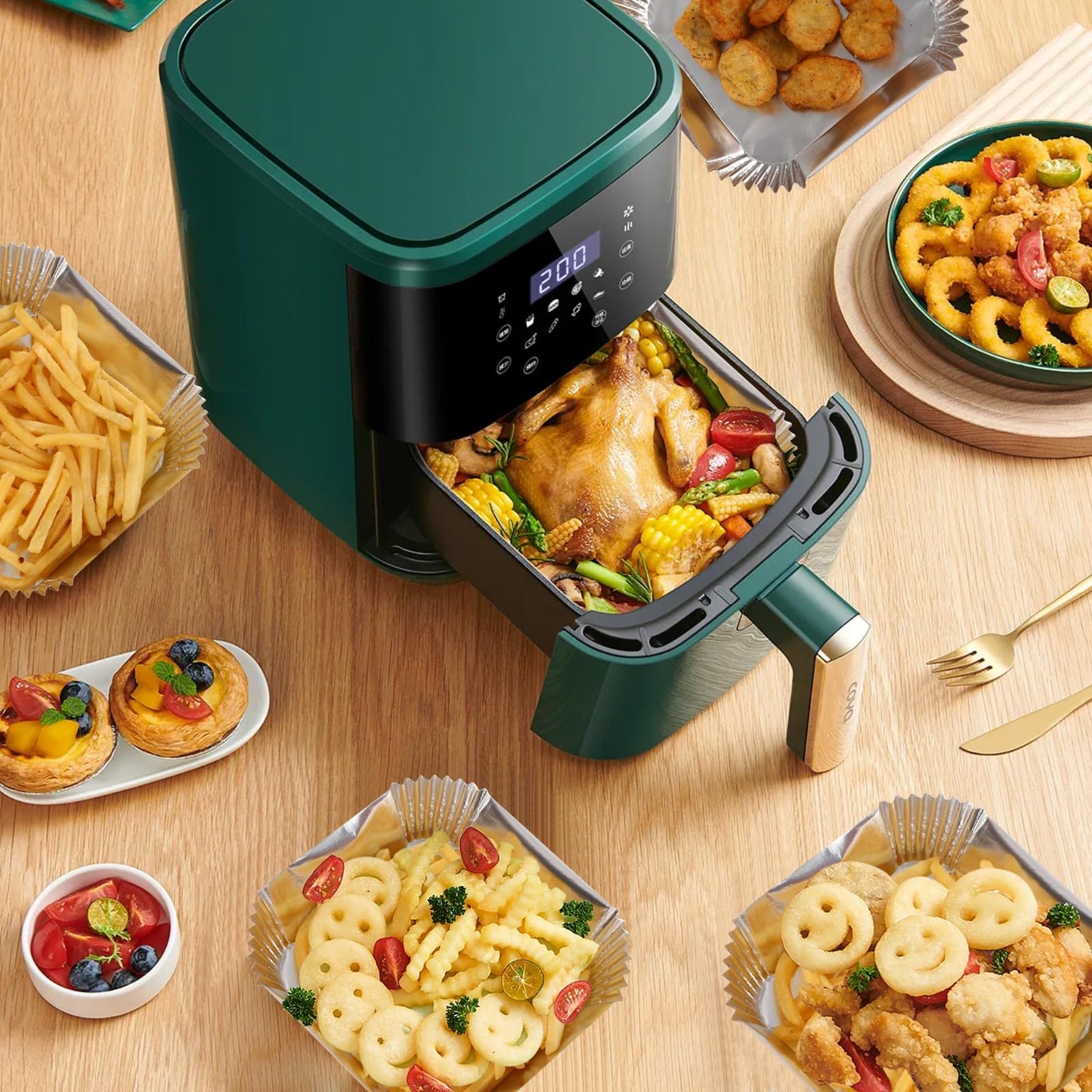 100 PCS Aluminum Foil Air Fryer Liners, Non-stick Air Fryer Disposable Paper Liner, Oil-proof Water-proof Sheets, Food Grade Aluminum Foil for Baking, Frying, Grilling, Roasting Microwave