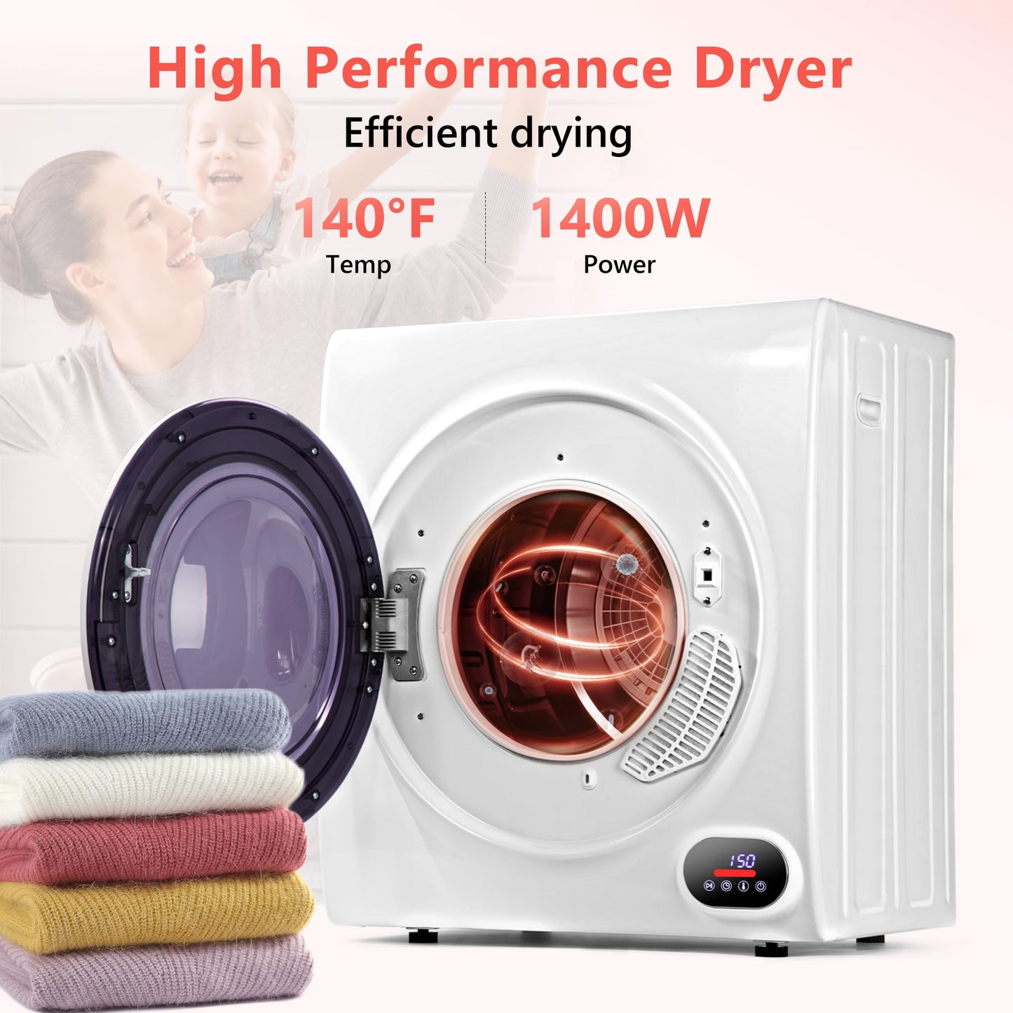 Euhomy Portable Dryer, 1400w, 2.65 Cu.Ft. Clothes Drying Machine with Exhaust Hose, Compact Dryer with Stainless Steel Drum, LCD Display, Suitable for Home, Apartment, RV