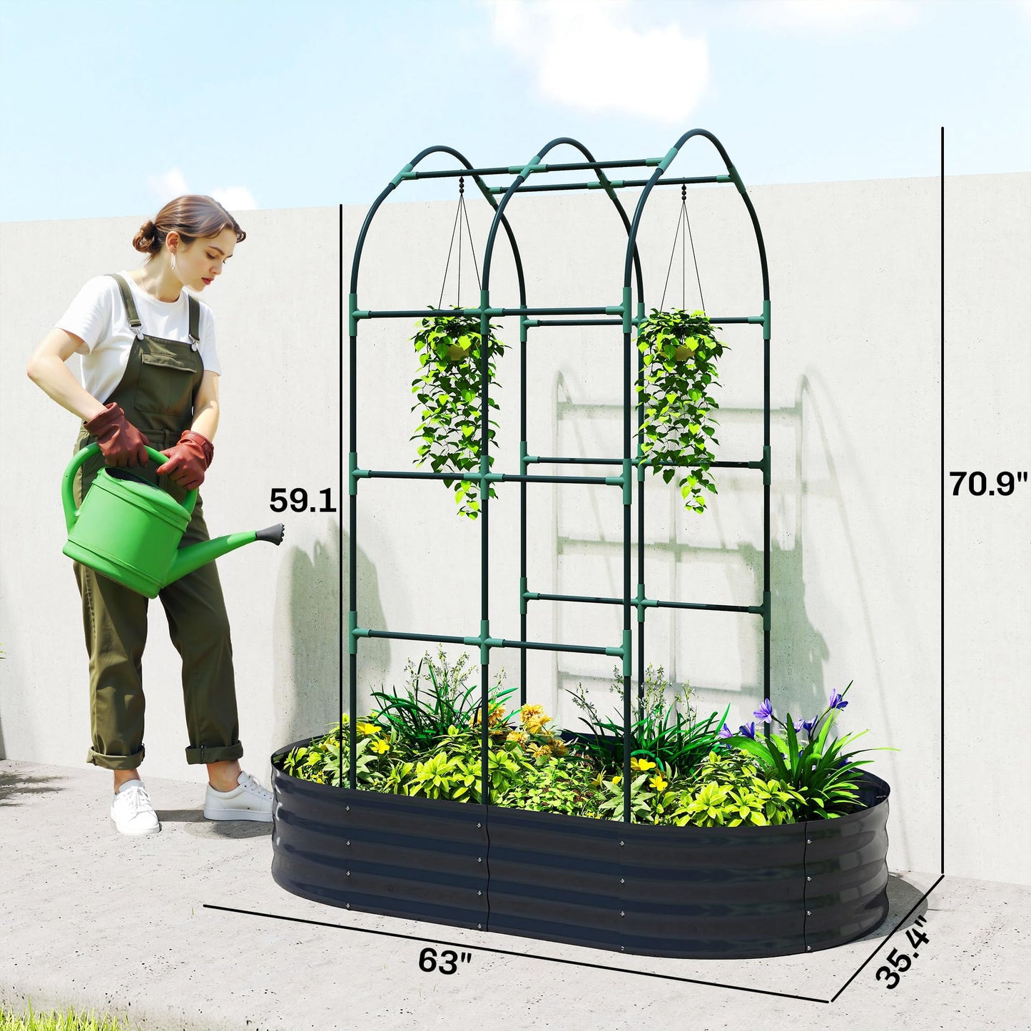 Outsunny Galvanised Raised Garden Bed with Arched Trellis, 5 x 3 x 6ft Metal Outdoor Planter Box with Open Bottom Design, Modular Raised Bed with Gloves for Vegetable Flower, Easy Assembly, Dark Gray