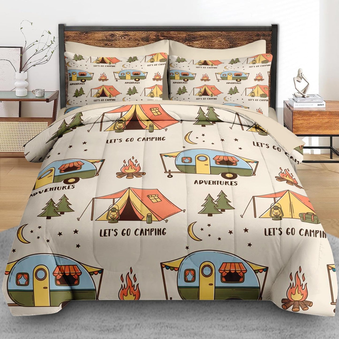 Pamnest Comforter Set Full Size, Summer Camp RV 7 Pcs Bedding for Kids and Adults, Camping Adventure Bed Sheet Sets with Fitted Sheet 2 Pillowcases & 2 Shams for Bedroom Bed Decor