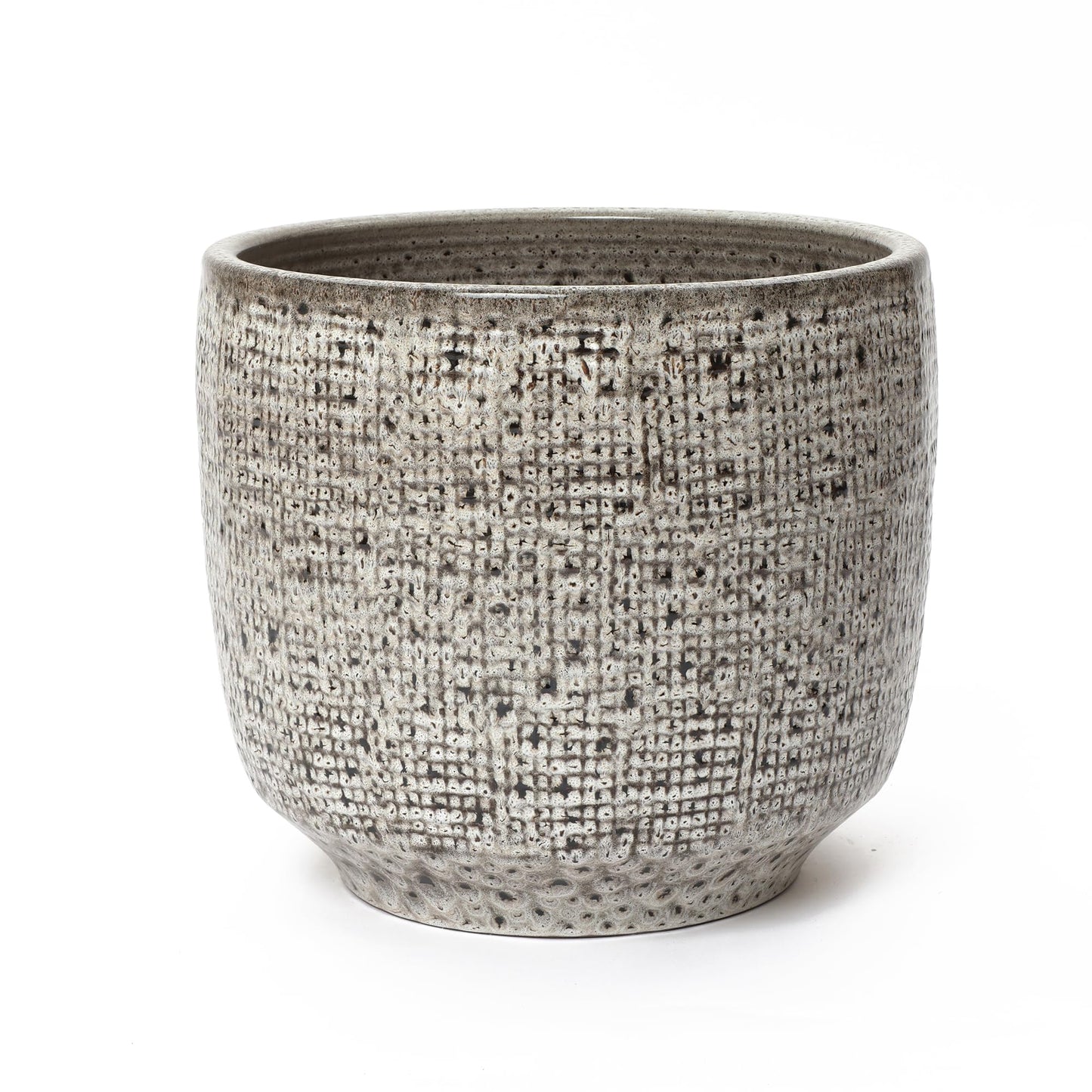 LuxenHome 15.5" Dia Round Ceramic Large Plant Pot for Outdoor Plants, Gray Grid-Pattern Glazed Ceramic Outdoor Planter Pot with Drainage Hole and Rubber Plug, Indoor Flower Pots for Home Garden Patio