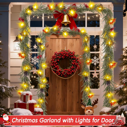 HUZIYAHAN Prelit Christmas Garland with Lights 6FT Christmas Tree Lighted Garland Outdoor Indoor Battery Operated Garland for Mantel Table Porch Stair Wall Winter Home Holiday Christmas Decorations