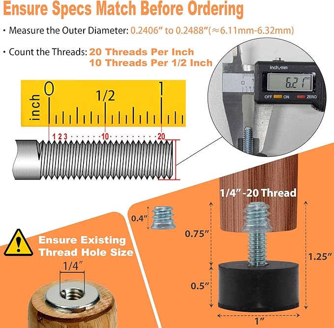 NEWBYTEK 1/4-20 Rubber Adjustable Furniture Leveler，8 Pack Leveling Feet Screws