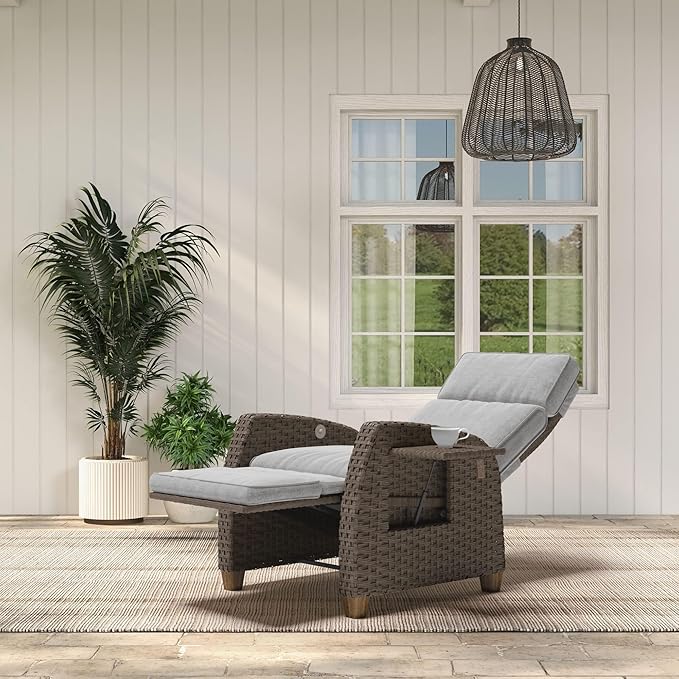 Grand patio Indoor & Outdoor Recliner Chair PE Wicker Patio Recliner with Flip Table Reclining Lounge Chair, Mist Grey