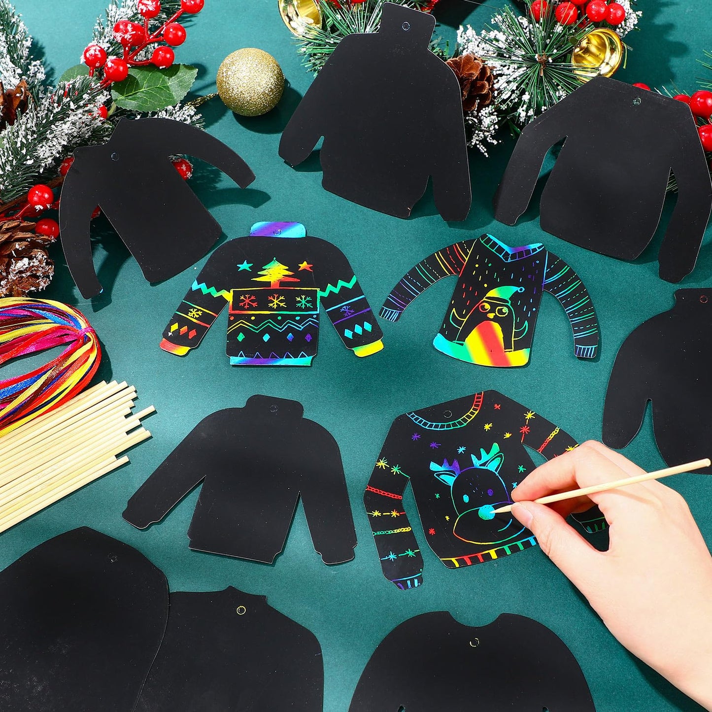 Hollowfly 80 Pcs Ugly Sweater Scratch Cards Christmas Party Favors Rainbow Christmas Tree Ornament Scratch Paper Xmas Crafts for Winter Xmas Home Classroom DIY Activities