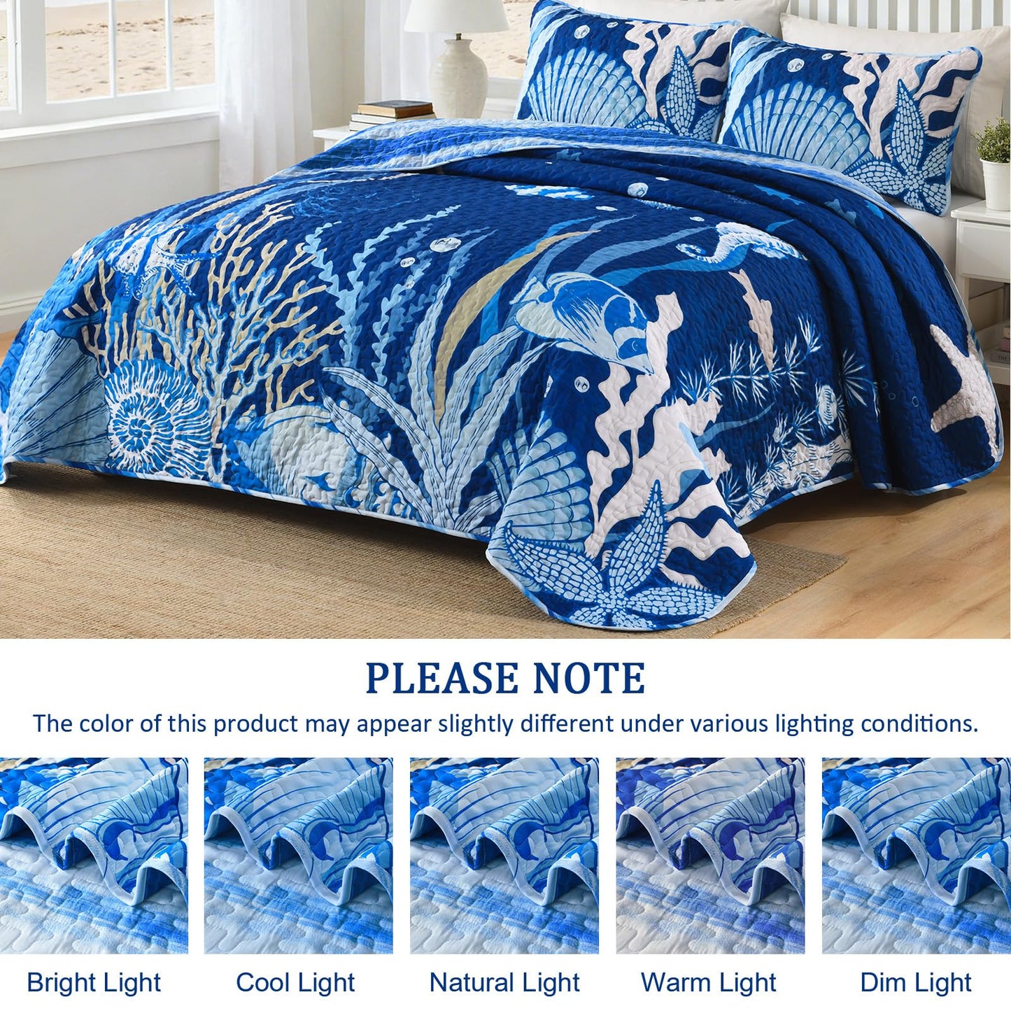 DJY Coastal Quilt Set King Size 3 Piece, Beach Theme Pattern Quilted Blanket Thin Reversible Microfiber Bedding Lightweight Soft Bedspread Coverlet Sets for All Season (1 Quilt, 2 Pillow Shams)
