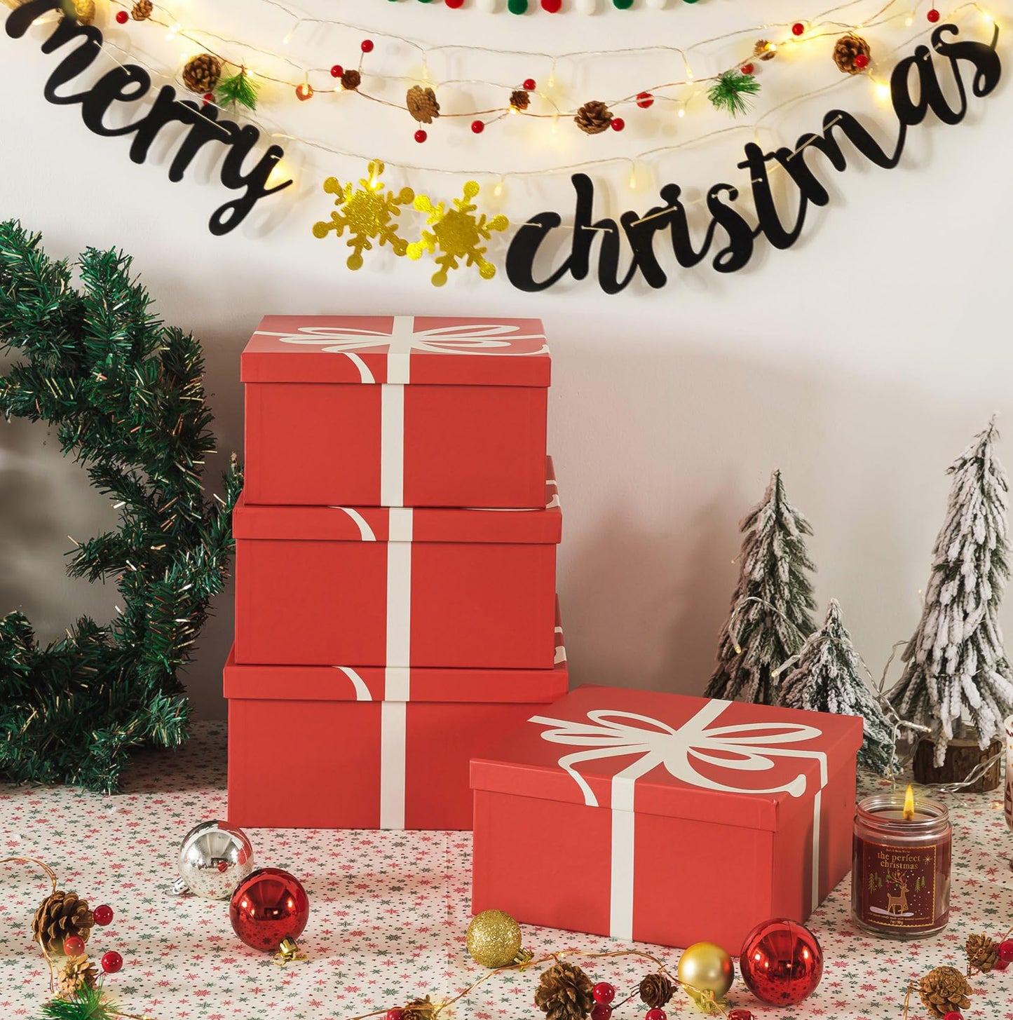 Soul & Lane Christmas Square Decorative Boxes with Lids - Set of 4 - Festive Red, Reusable Large Nesting Holiday Gift Boxes for Presents and Décor