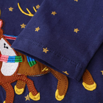 Toddler Girl Long Sleeve Dress Christmas Elk Deer Blue Dot Cotton Casual Winter Clothes Shirt Dresses 2T