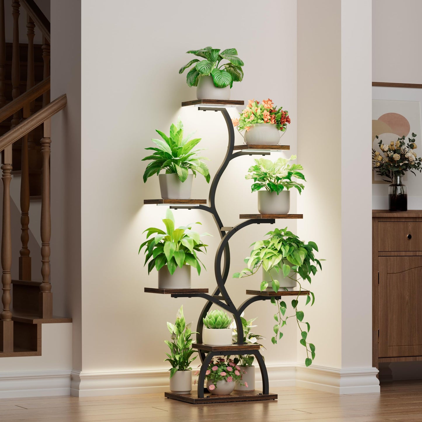 EVAWOO Plant Stand Indoor with Grow Light - 8 Tiered Plant Shelf Indoor, Corner Plant Stand, 49" Tall Plant Shelf with Lights for Indoor Growing, Lighted Flower Holder for Living Room, Balcony, Black