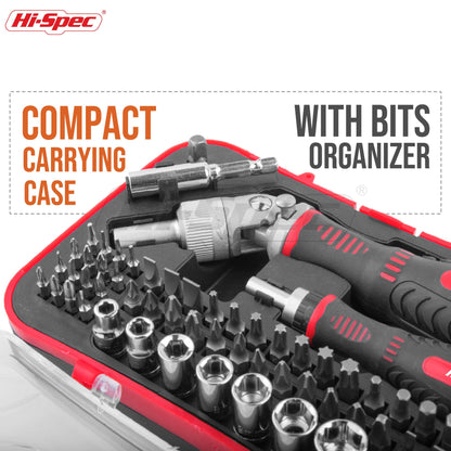Hi-Spec 61pc 1/4” Hex Driver Bits & Socket Set with Right Angle Ratchet Handle. Easy Repairs with Torx & Small Precision Multi Bits. Screwdriver Bit Set in a Storage Case
