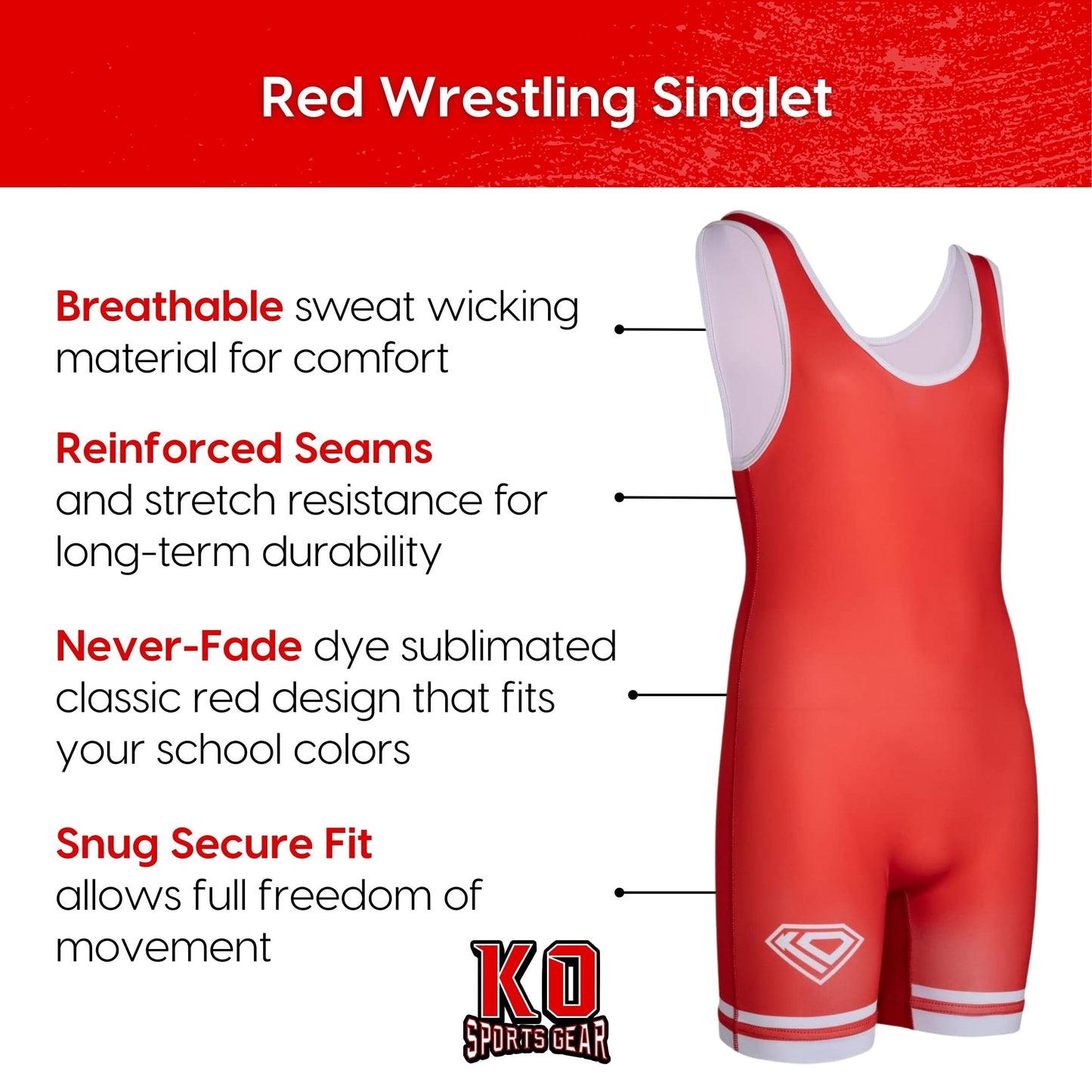 KO Sports Gear Unisex Wrestling Singlet for Adult Wrestlers - Wrestling Singlet for Men & Women - Bold Durable Uniform, Stretchy Breathable Material - Red, Adult XX-Large