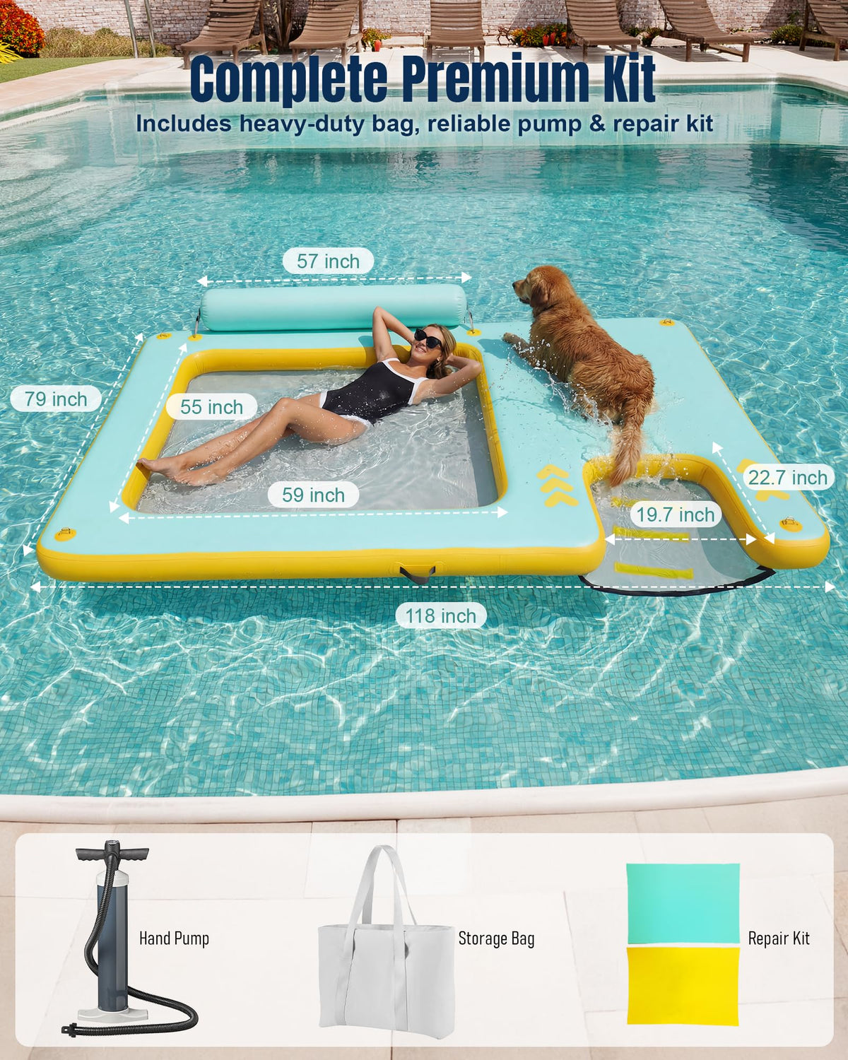 Inflatable Floating Dock for Dogs & Family Water Fun, 8FT/10FT Large Floating Island with Water Hammock and Easy-Access Dog Ramp, Portable Swim Platform for Lakes, Boats, Beaches and Pools