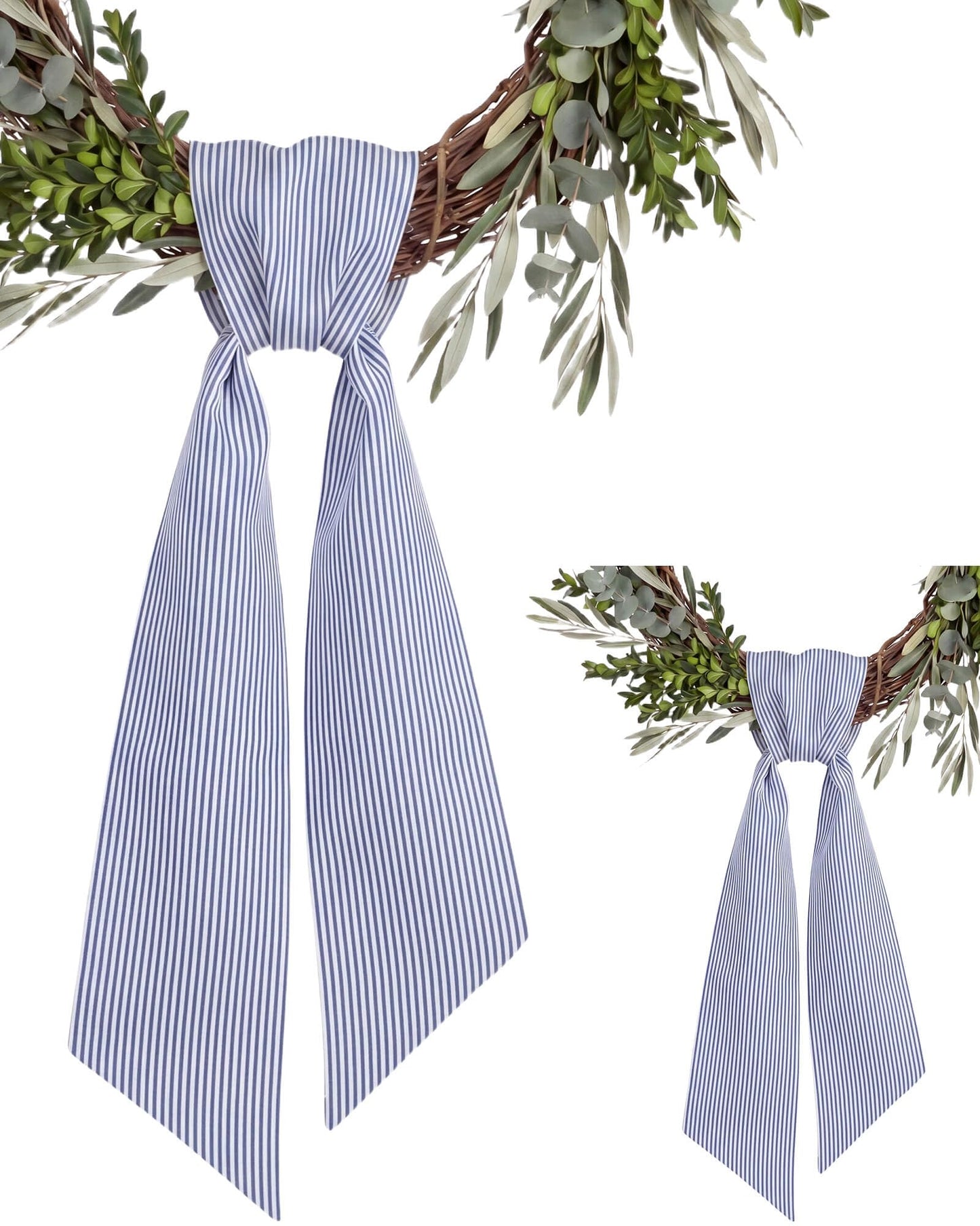 Kutyndrix Blue and White Striped Wreath Sash 2 Pack for Front Door, 5.12" x 54.33" Each Summer Nautical Holiday Door Ribbon Decorations Set