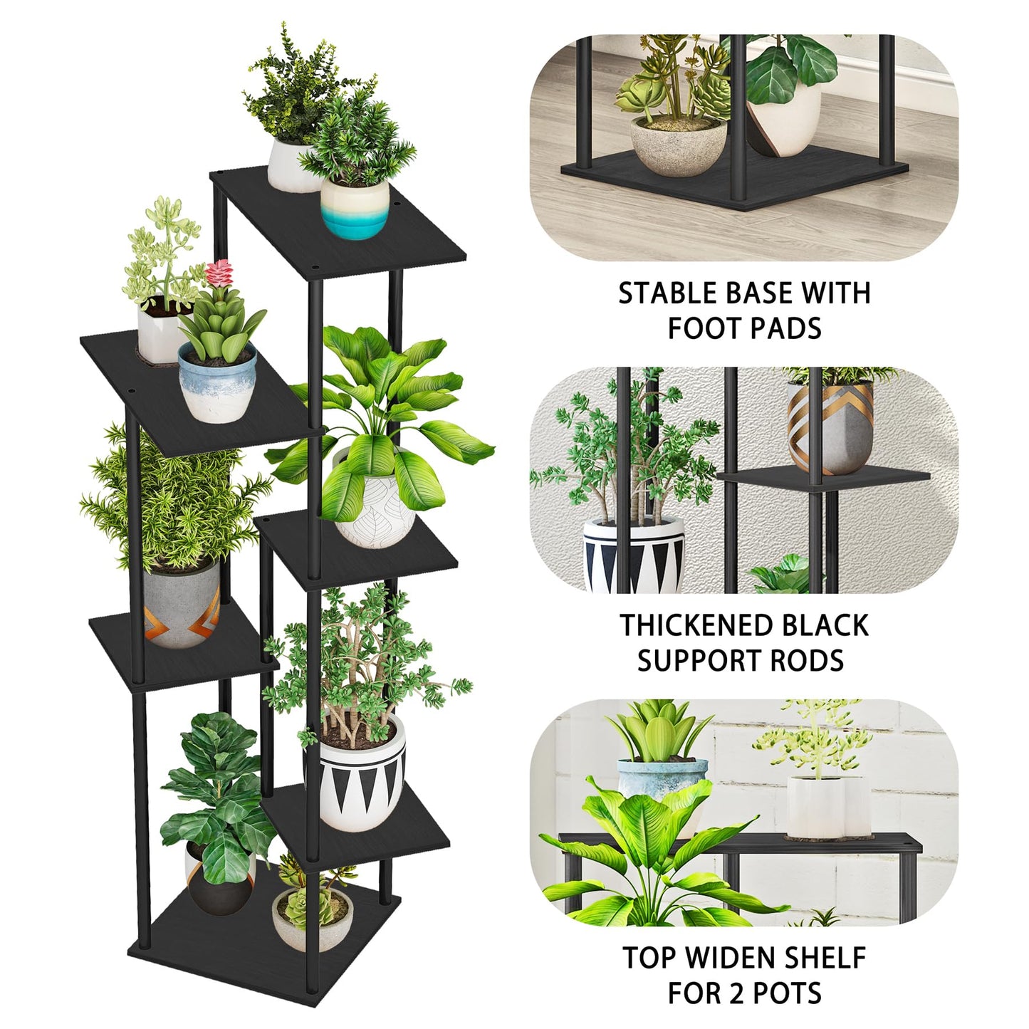 HAYOFAMY 6 Tier Plant Stand Indoor, Tall Plant Shelf Metal Wood Multiple, Flower Pot Holder for Living Room Office Balcony Patio, Black