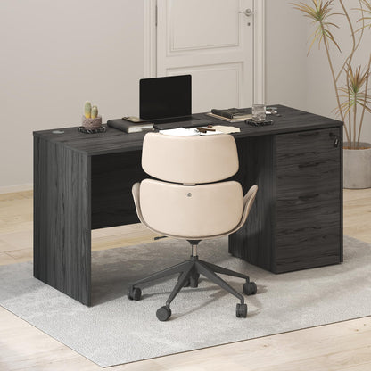 Furinno Roger 60 Inch Executive Desk with File Cabinet, Home Office Desk with 3-Drawer Fixed Pedestal Filing Cabinet, Desk Cord Grommet, for Home Office, Antique Grey
