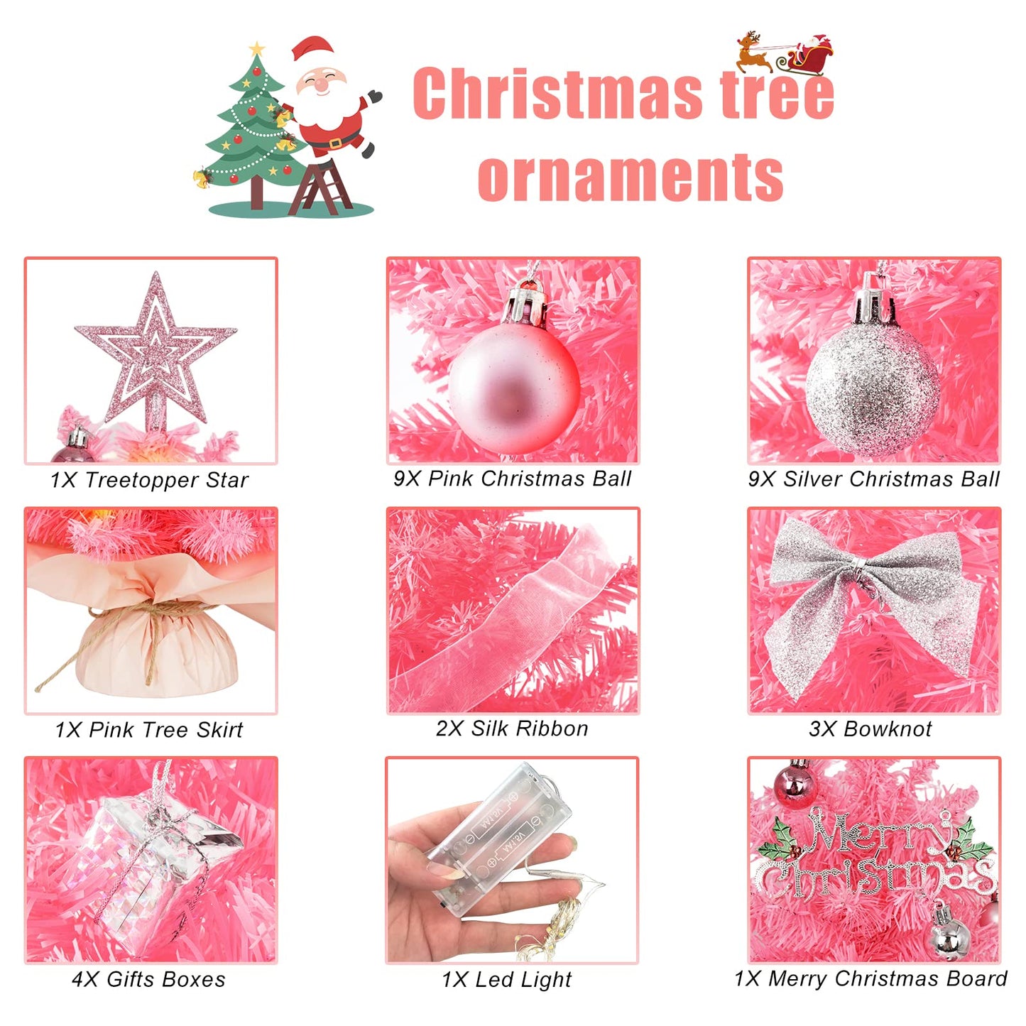 20" Mini Pink Christmas Tree, Artificial Small Christmas Tree with Lights, Tabletop Christmas Tree with Star Treetop,Bow Boxes and Ball Ornaments for DIY Christmas Decoration (Pink)