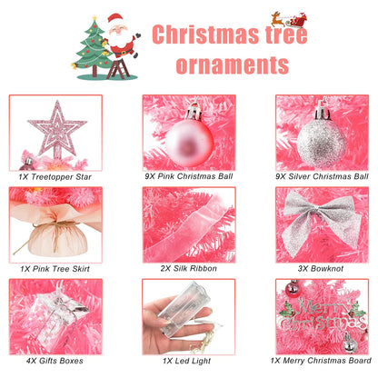 20" Mini Pink Christmas Tree, Artificial Small Christmas Tree with Lights, Tabletop Christmas Tree with Star Treetop,Bow Boxes and Ball Ornaments for DIY Christmas Decoration (Pink)