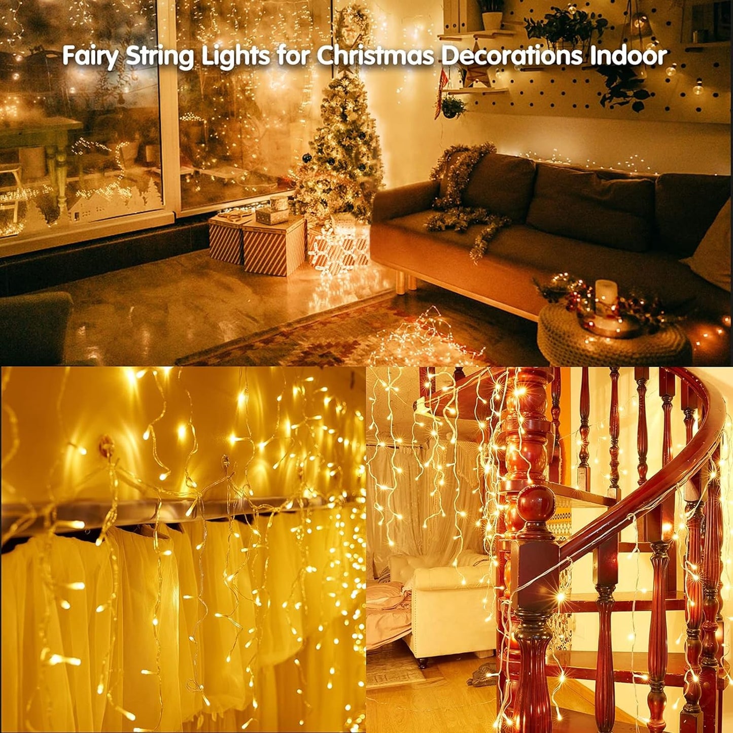 Solar Christmas Lights Outdoor Waterproof Christmas Decorations Curtain Lights 320LED 29.5ft 60 Drops, Solar Powered Rechargeable Fairy Lights for Party, Wedding, Home Decorations(WarmWhite)