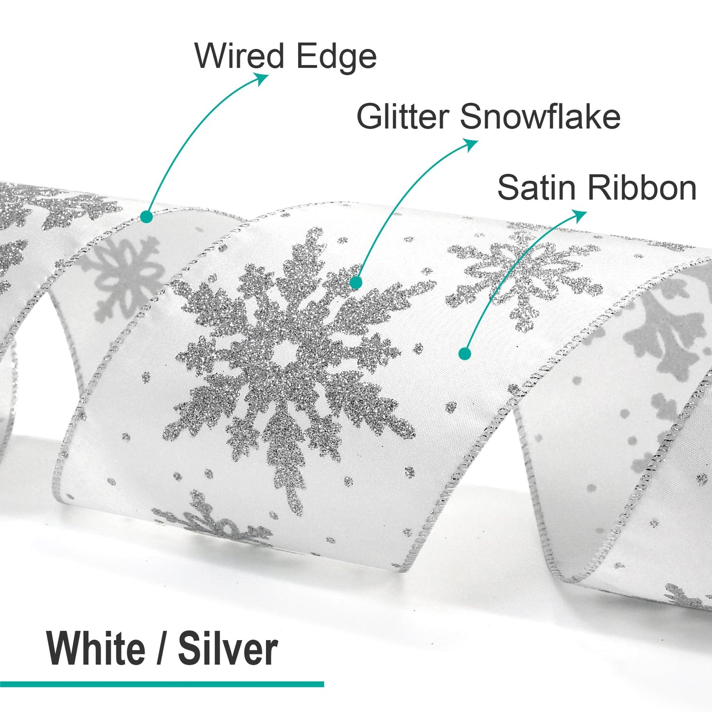 CT CRAFT LLC White Satin with Silver Snowflake Wired Ribbon 2.5 Inch x 10 Yards for Christmas Home Decor Tree Topper Bow Gift Wrapping DIY Crafts Wreath Garland