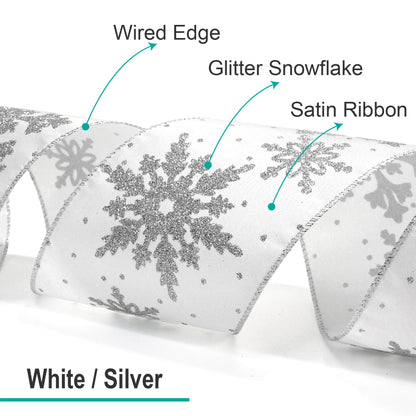 CT CRAFT LLC White Satin with Silver Snowflake Wired Ribbon 2.5 Inch x 10 Yards for Christmas Home Decor Tree Topper Bow Gift Wrapping DIY Crafts Wreath Garland