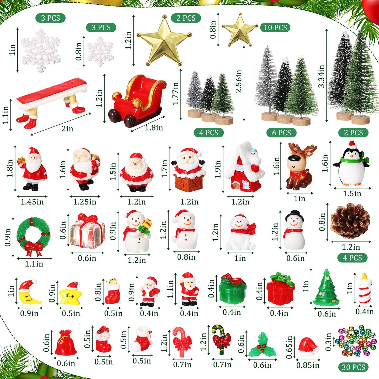 Roowest 96 Pcs Miniature Ornaments for Snow Globe Kit DIY Christmas Village Decoration Christmas Figurines Mini Ornaments with Snowman Reindeer Santa Claus Snowflake(Dark Green Light Green Silver)