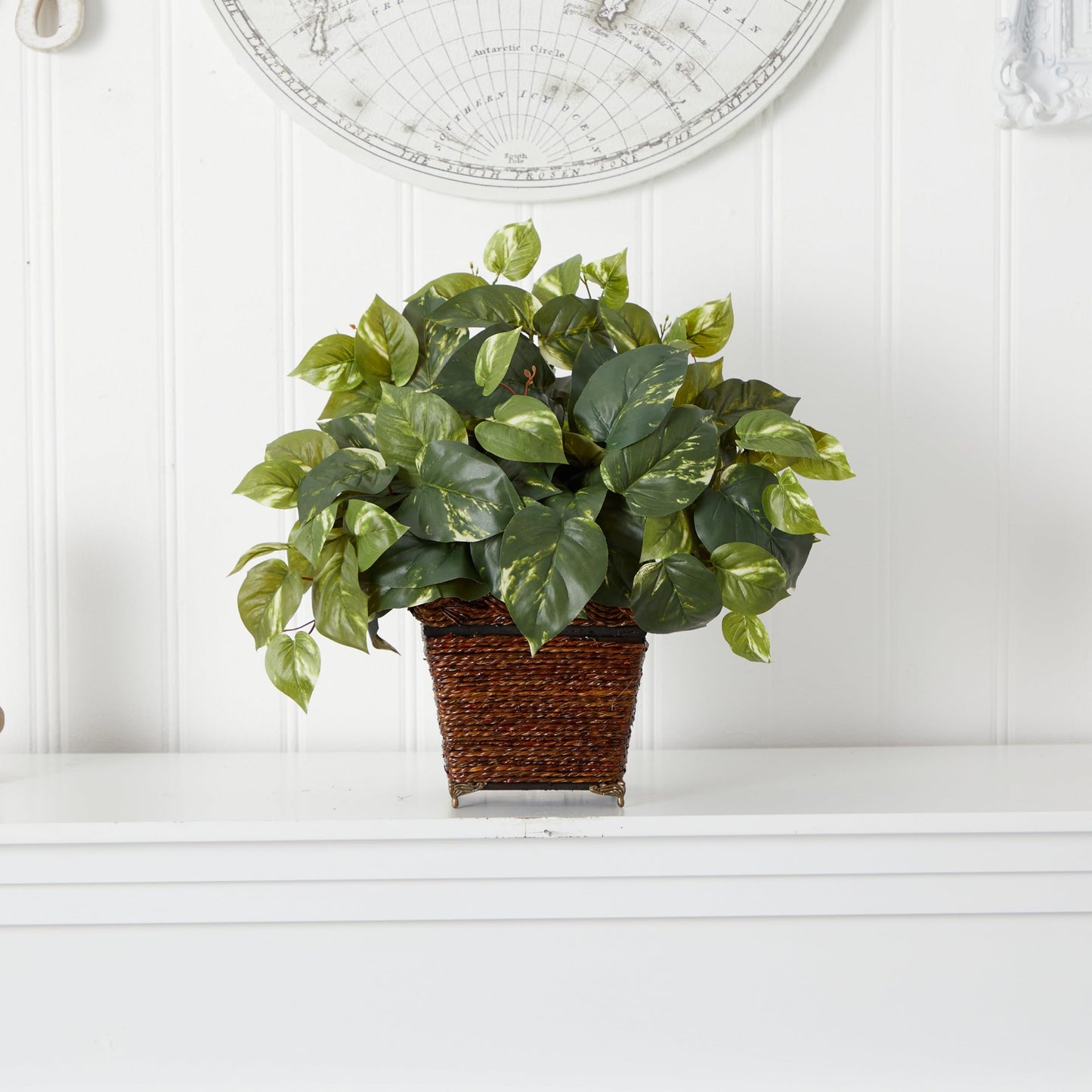 Nearly Natural Pothos with Coiled Rope Planter Silk Plant