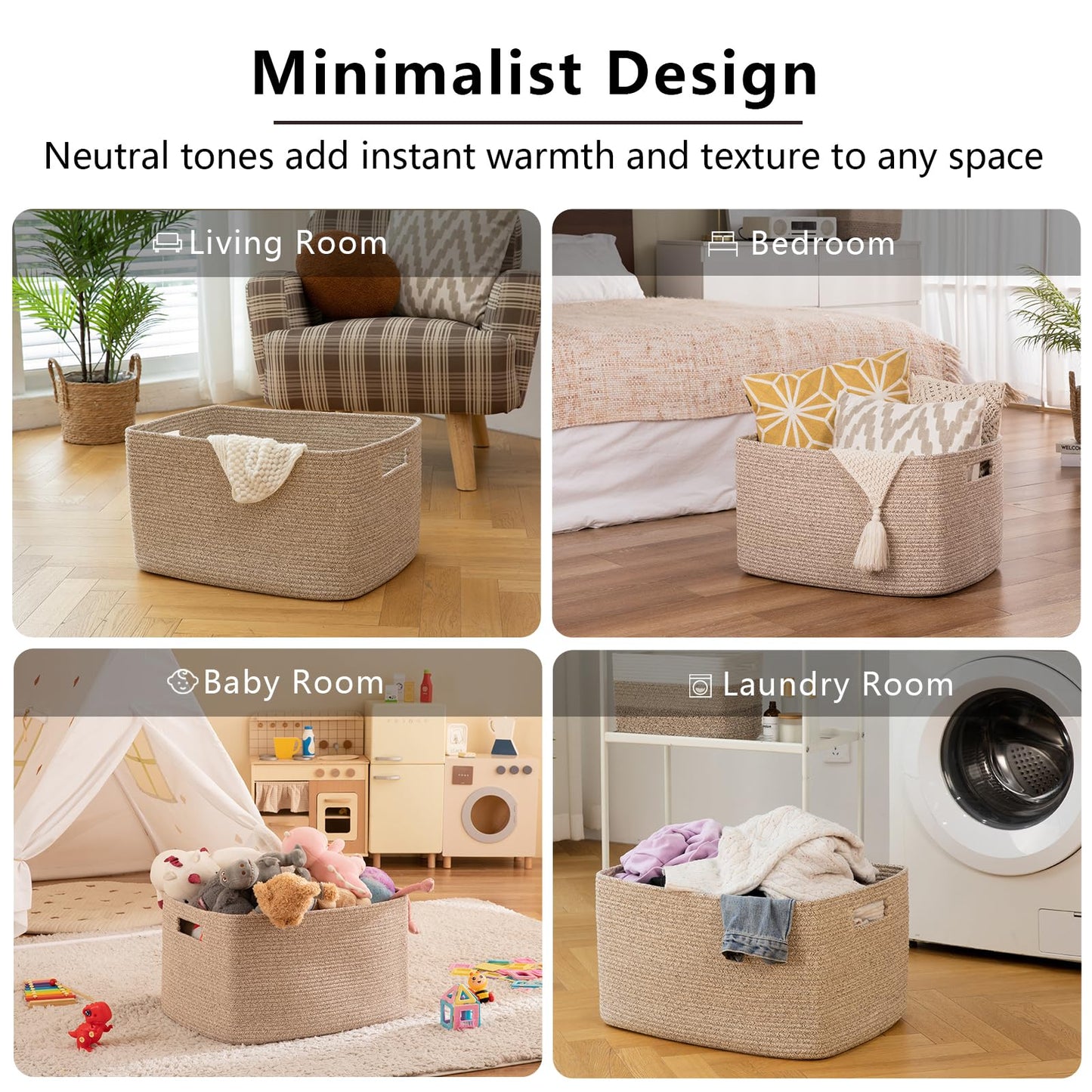 OIAHOMY 75L Large Woven Cotton Rope Storage Basket with Handle for Organizing Blanket and Toys for Living Room, Nursery, Brown Variegated 22”x17”x12”