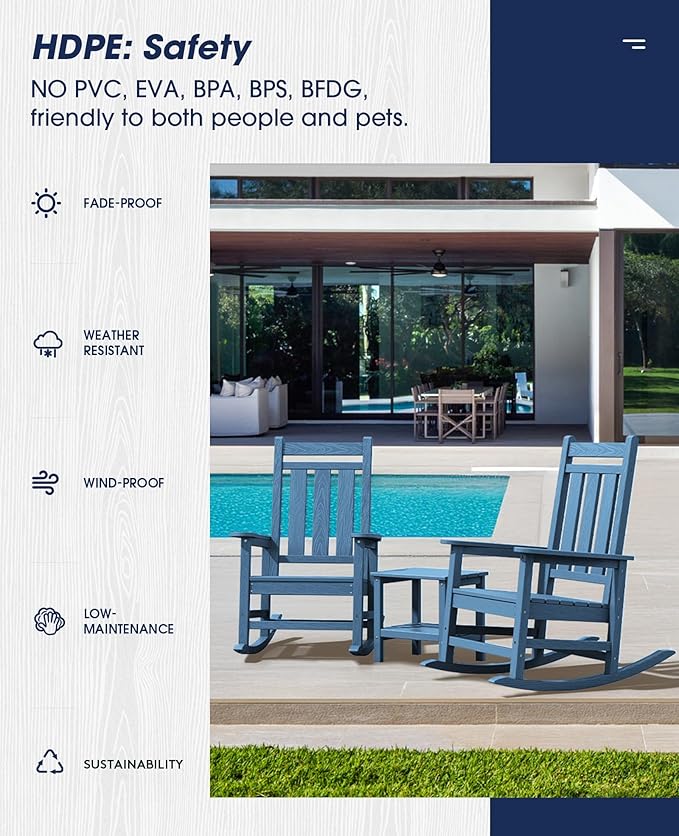 KINGYES Oversized Outdoor Rocking Chair Set of 4, All-Weather Patio Rocking Chairs for Porch, HDPE Outdoor Patio Rockers with High Back & Wide Seat for Garden, Lawn, Blue