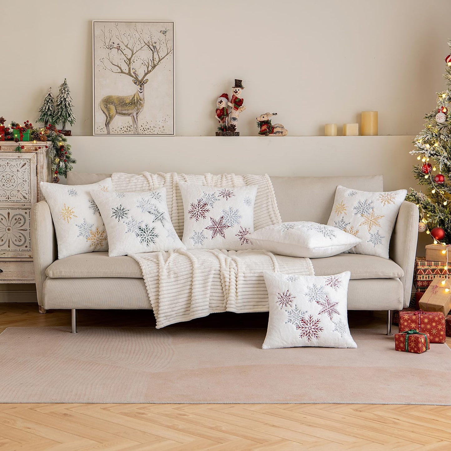 MIULEE Pack of 2 Christmas Decorative Throw Pillow Covers Soft Faux Fur Pillow Cases with Embroidery Snowflake Winter Cute Pillowcases Holiday Decor for Couch Sofa Bedroom, 16×16 Inch, Burgundy