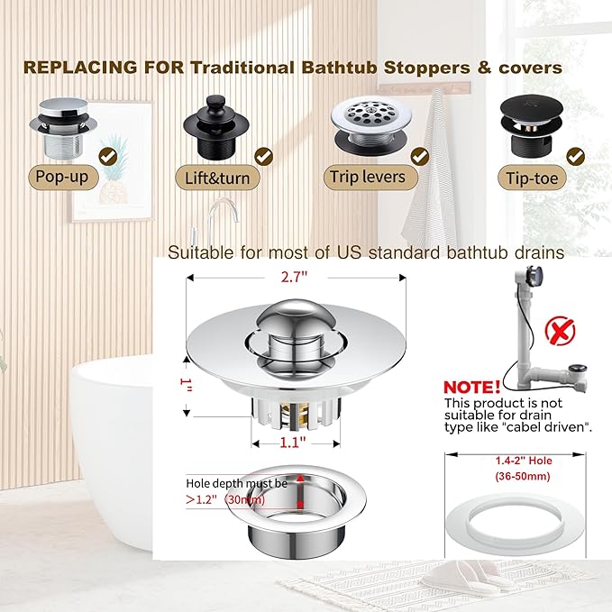 Kitchen Sink Drain Strainer 3 in 1, 304 Stainless Steel Pop Up Sink Stopper