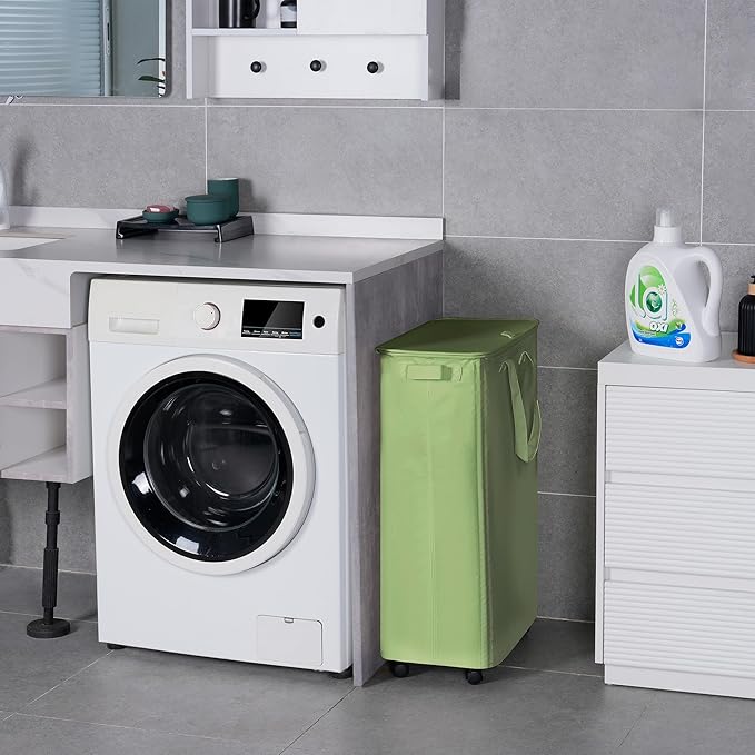 Slim Laundry Hamper with Lid and Wheels, Small Rolling Laundry Basket with