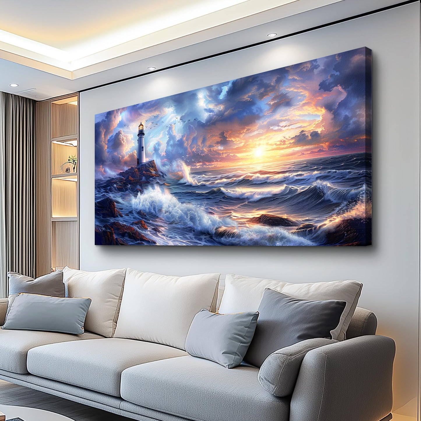 JUDASJART Wall Decor For Bedroom Large Wall Art For Living Room Modern Office Decorations Ocean Sea Wave Paintings Lighthouse Seascape Pictures Canvas Artwork Home Decor Ready To Hang