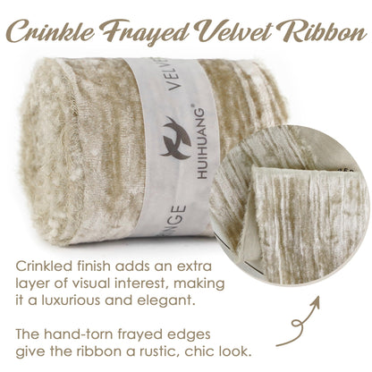 HUIHUANG Taupe Velvet Crinkled Frayed Ribbon - 3 Inch Wide Champagne Fringe for Wreaths, Christmas Tree, Flower Bouquet, Gift Wrapping, Wedding & Bridal Shower Decor
