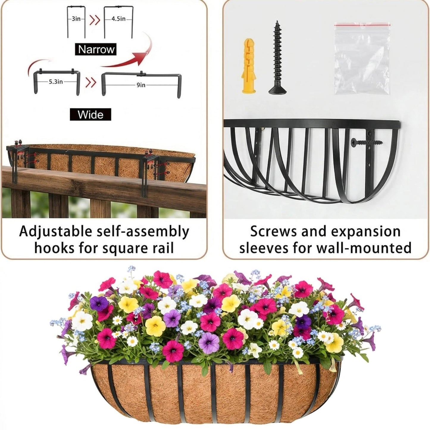 Qusuxi 16'' Window Box Railing Planter with Coco Liner,2 Pack Horse Trough Planters Black Metal Hanging Flower Planters Basket for Porch Fence Patio Indoor Outdoor Lawn