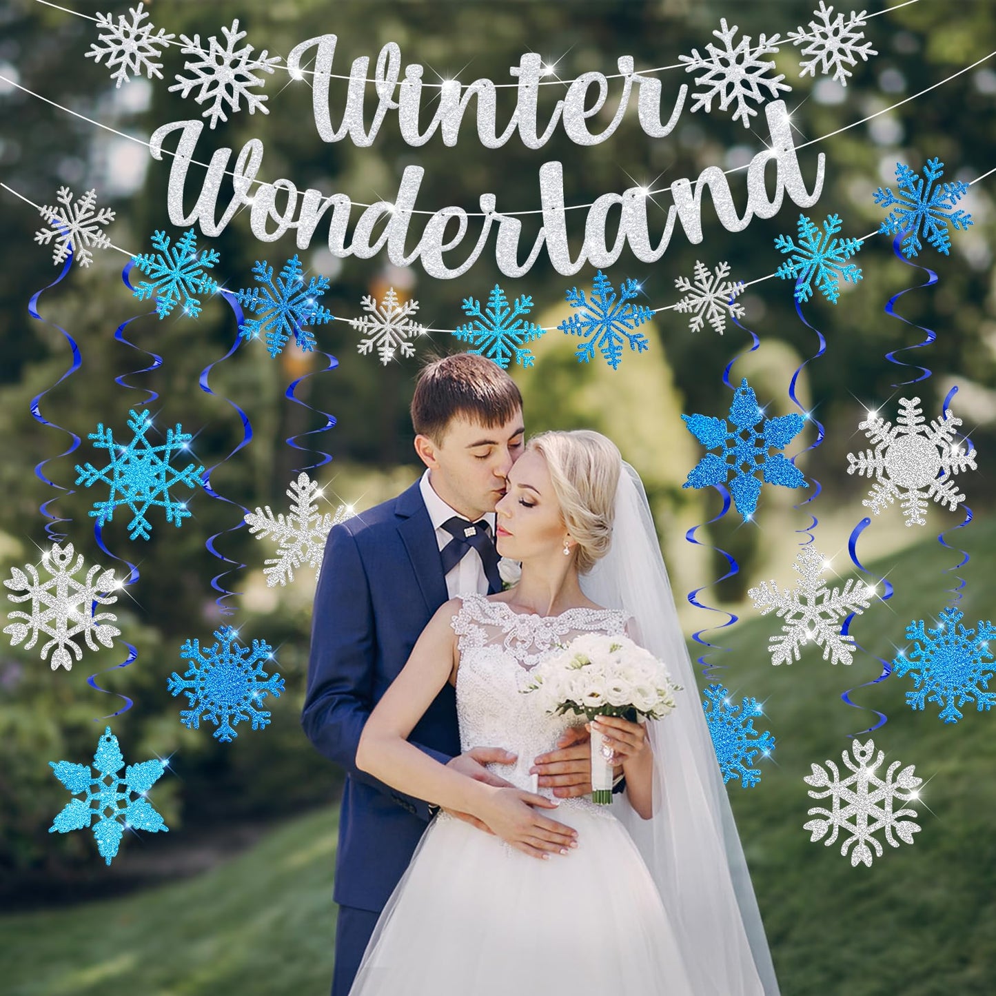 Ouddy Life 36 Pcs Winter Wonderland Christmas Decorations, Hanging Snowflake Swirls Ceiling Streamers, Glitter Paper Spiral Snowflakes Ornaments Banners Honeycomb for Xmas Frozen Party Birthday Decor