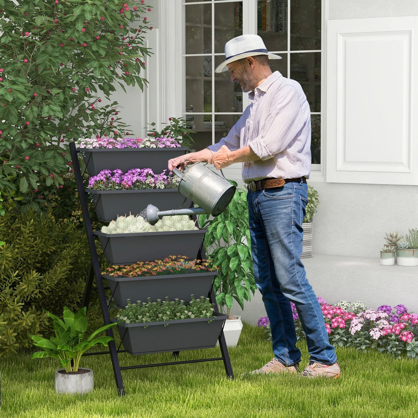 S AFSTAR 5-Tier Vertical Garden Planter, Raised Garden Bed with 2 Lockable Wheels, 7 Removable Planter Boxes, Metal Frame, Indoor Outdoor Elevated Planting Box for Flower Vegetables Fruit Herbs