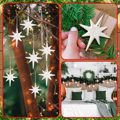 Suncalla 12 Pcs Christmas Bethlehem Star Ornament 1.97 x 3.15 White Star of Bethlehem Decoration Porcelain Ceramics Hanging Nativity Decor Accessories Sublimation Blanks Xmas Tree Topper Ornament
