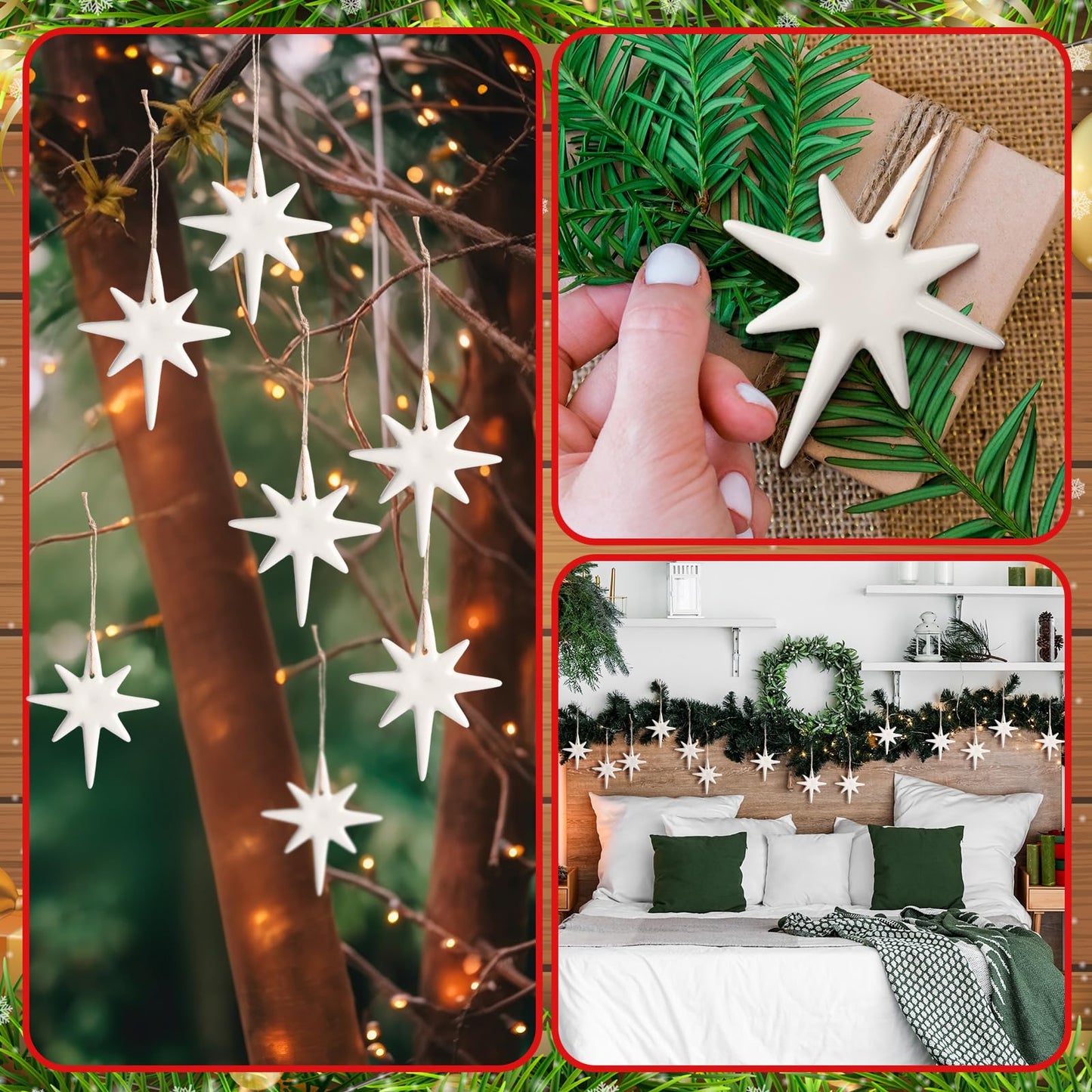 Suncalla 12 Pcs Christmas Bethlehem Star Ornament 1.97 x 3.15 White Star of Bethlehem Decoration Porcelain Ceramics Hanging Nativity Decor Accessories Sublimation Blanks Xmas Tree Topper Ornament