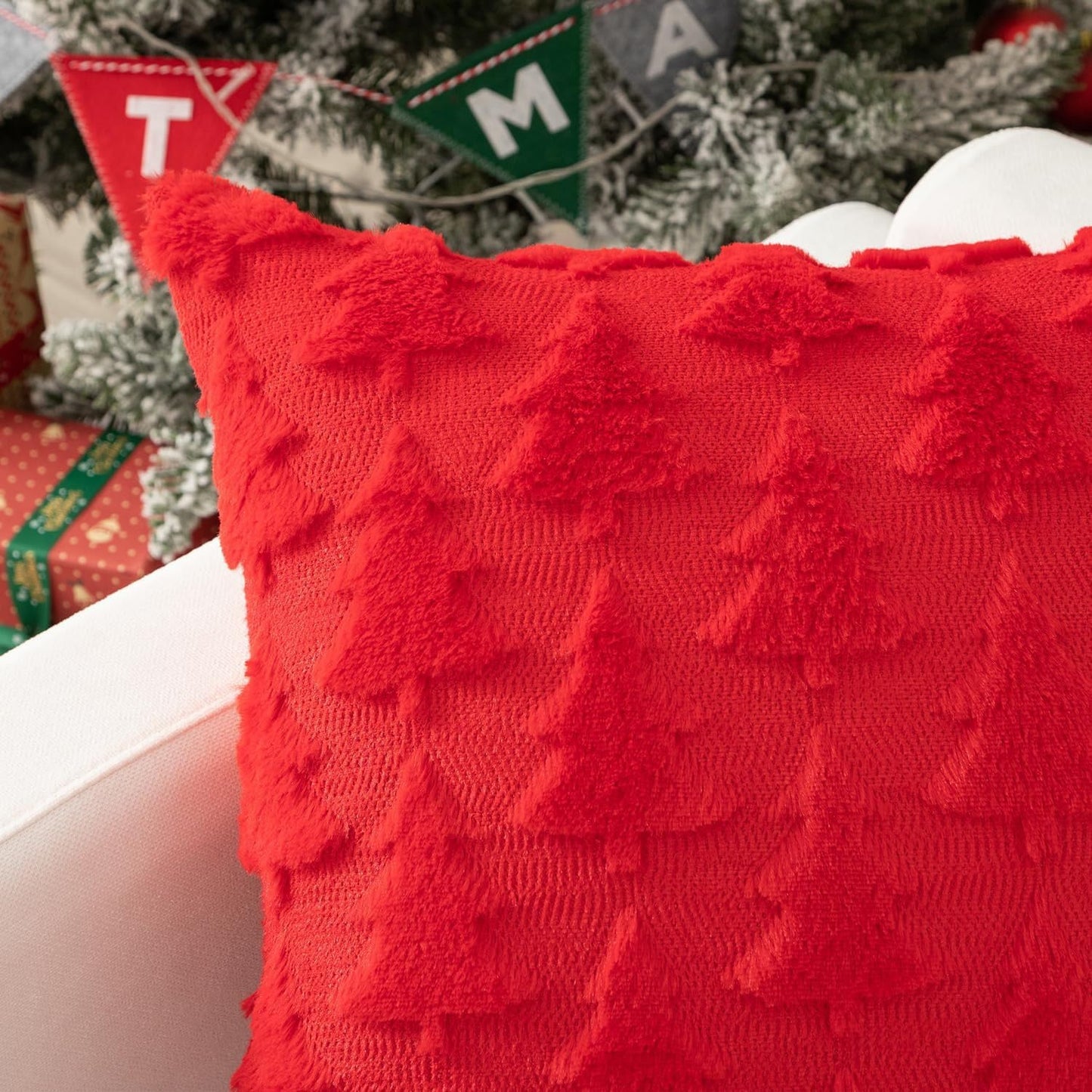 TBAVNOSY Christmas Tree Pillow Covers Set of 2 18x18 inches, 3D Xmas Tree Shaped Faux Fur Throw Pillow Covers for Couch, Sofa, Living Room Winter Holiday Decor, Farmhouse (Red)