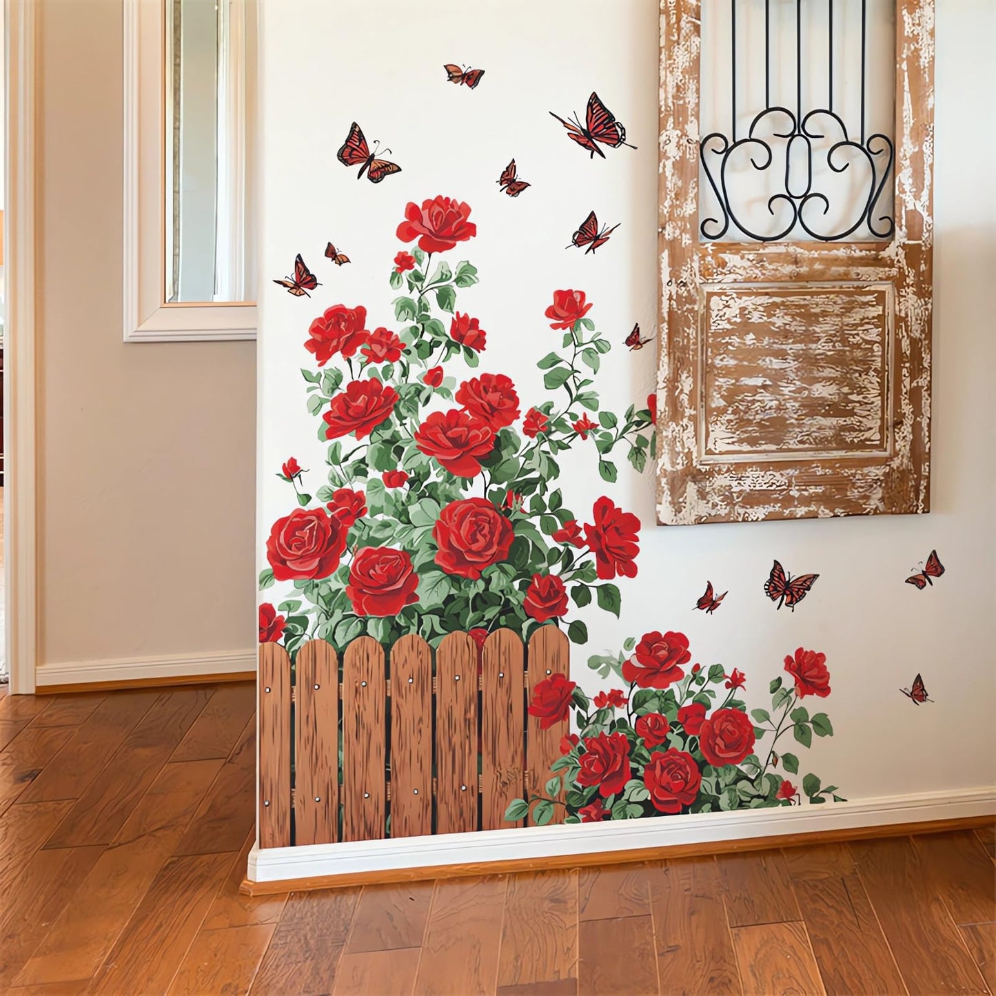 sacinora Red Rose Fence Butterfly Wall Stickers, Romantic Floral Border Aesthetic Countryside Wall Decals Removable Vinyl Peel and Stick Hallway Bedroom Bathroom Art Home Decor