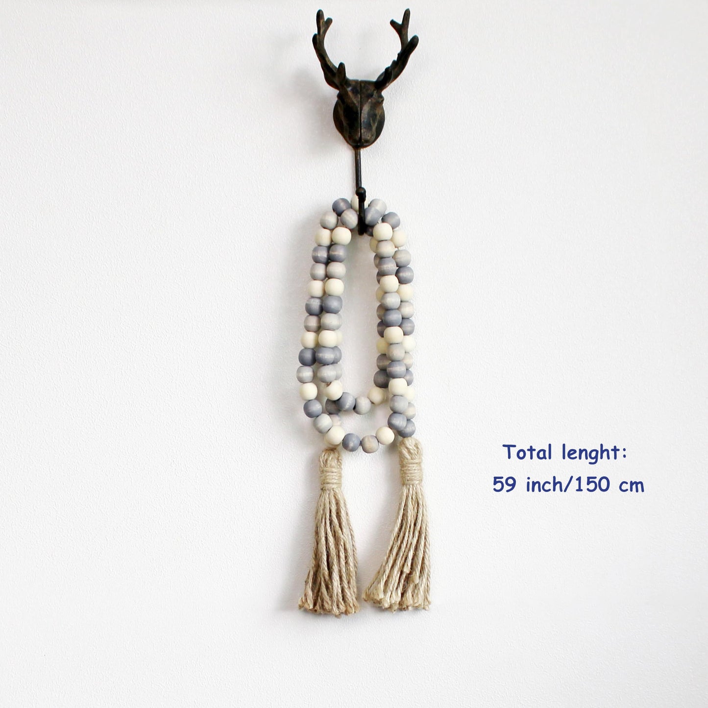 CVHOMEDECO. Wood Beads Garland with Tassels Farmhouse Rustic Wooden Prayer Bead String Wall Hanging Accent for Home Festival Decor. Grey Mix Distressed